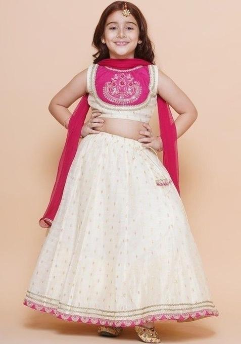 Beige Embellished Silk Lehenga Set For Girls — view on Indya