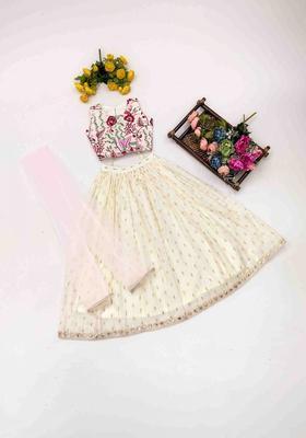 White Embroidered Net Lehenga Set For Girls