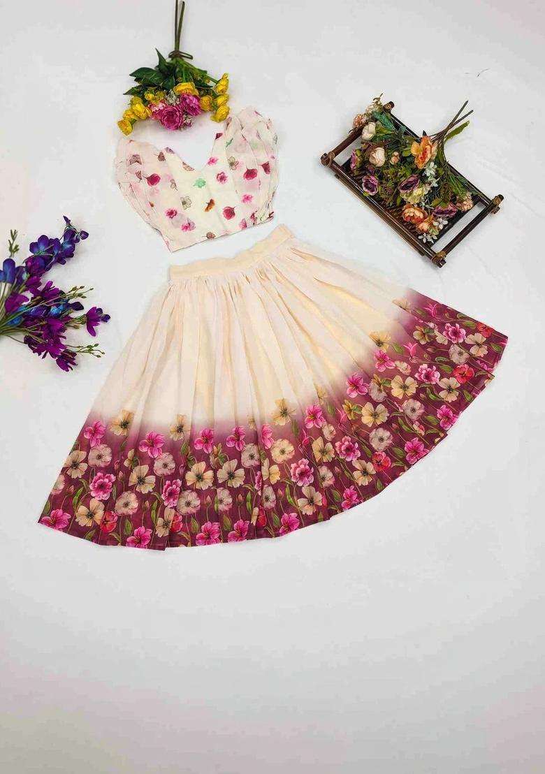 Beige Printed Georgette Lehenga Set For Girls - Indya