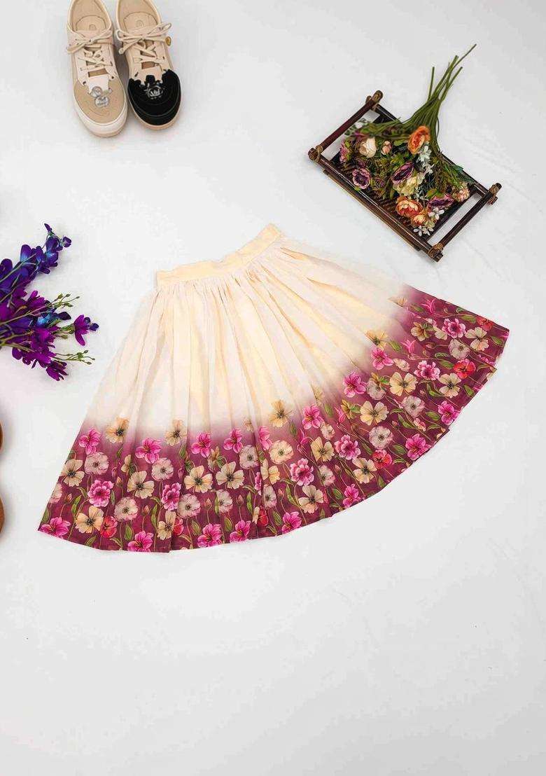 Beige Printed Georgette Lehenga Set For Girls - Indya