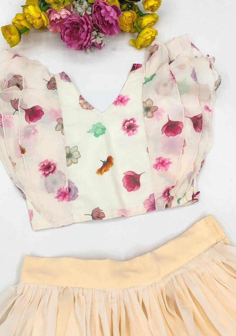 Beige Printed Georgette Lehenga Set For Girls - Indya