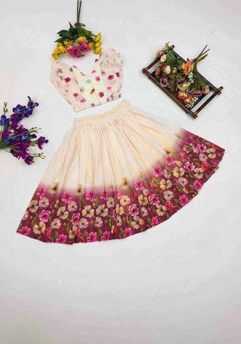 Beige Printed Georgette Lehenga Set For Girls