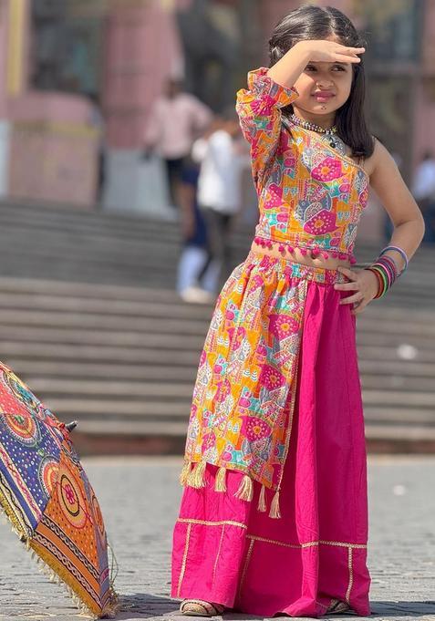 Pink Printed Cotton Lehenga Set For Girls — view on Indya