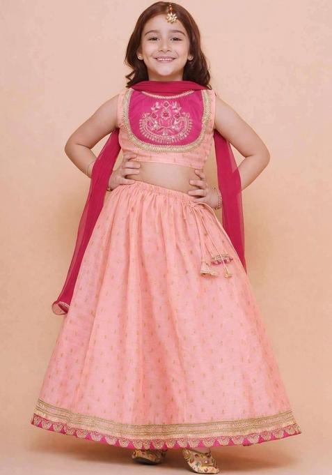 Peach Embroidered Silk Lehenga Set For Girls — view on Indya