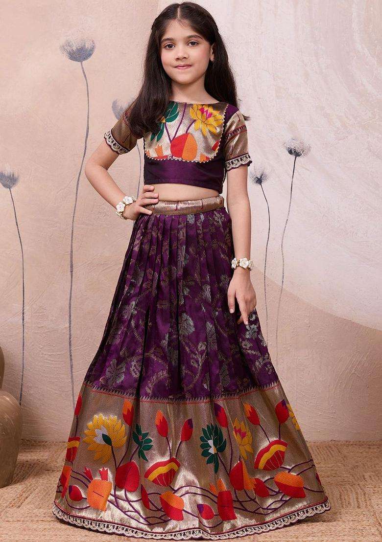 Purple Woven Design Silk Lehenga Set For Girls - Indya