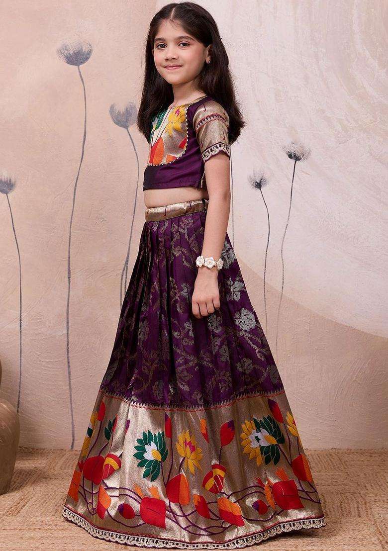 Purple Woven Design Silk Lehenga Set For Girls - Indya