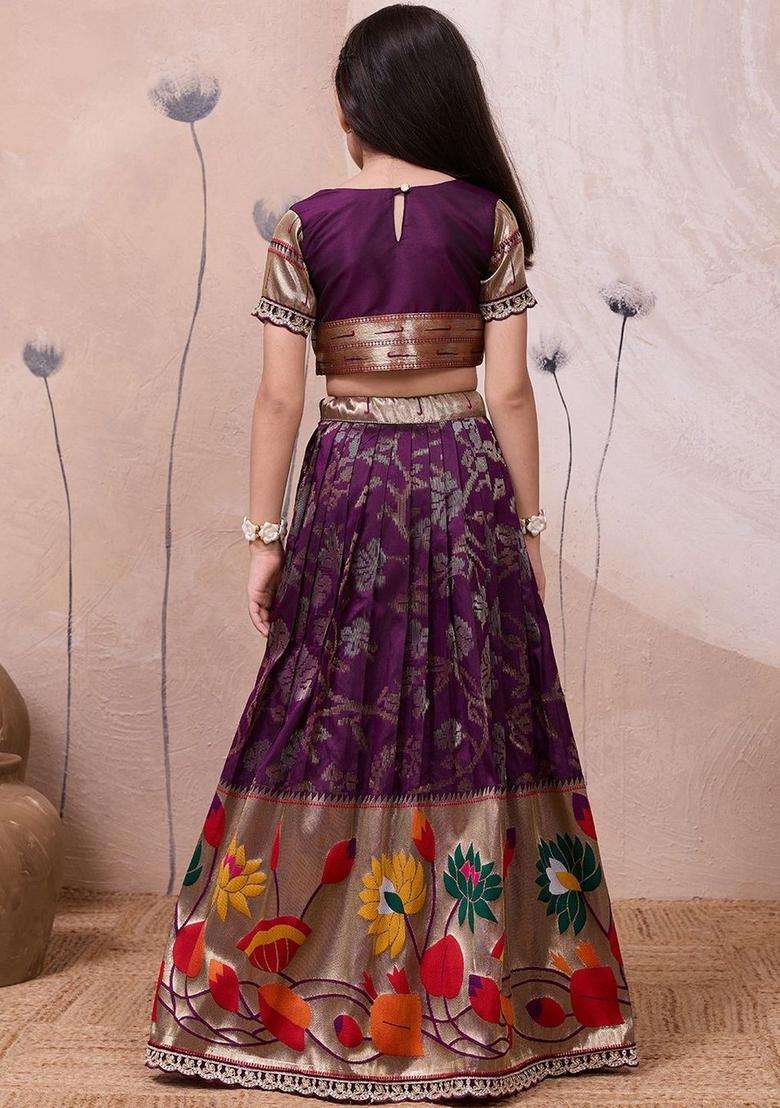 Purple Woven Design Silk Lehenga Set For Girls - Indya