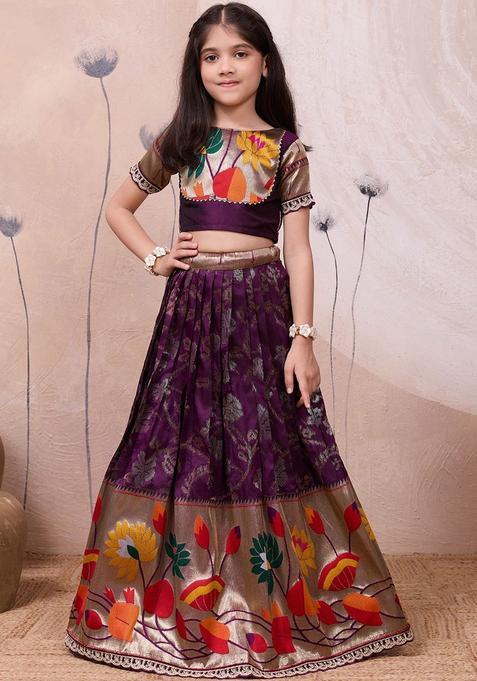 Purple Woven Design Silk Lehenga Set For Girls — view on Indya