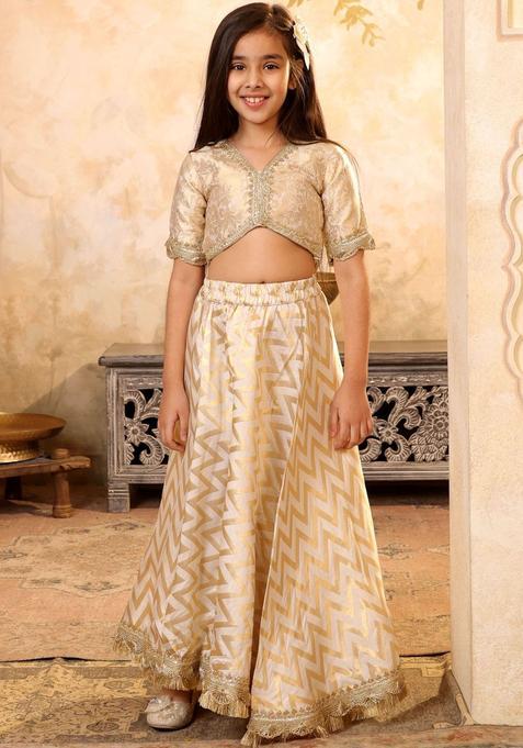 Beige Woven Design Silk Lehenga Set For Girls — view on Indya
