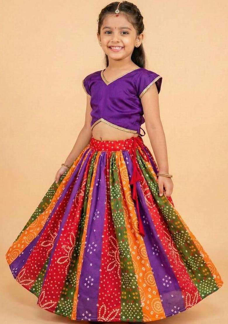 Multi Solid Cotton Lehenga Set For Girls - Indya