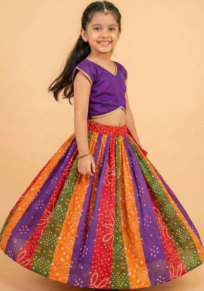 Multi Solid Cotton Lehenga Set For Girls - Indya