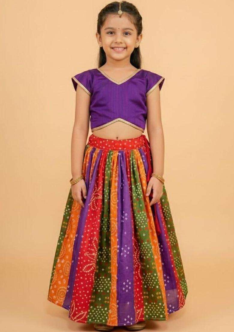 Multi Solid Cotton Lehenga Set For Girls - Indya