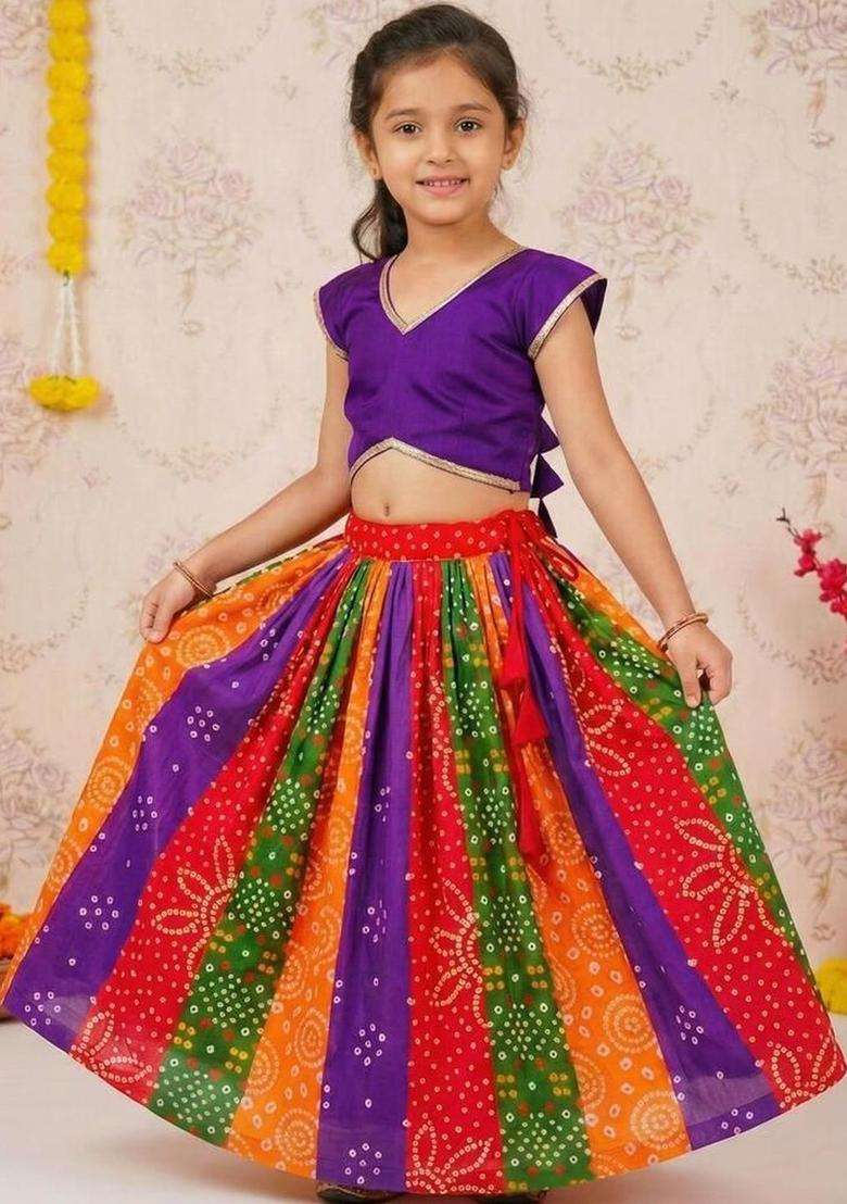 Multi Solid Cotton Lehenga Set For Girls - Indya
