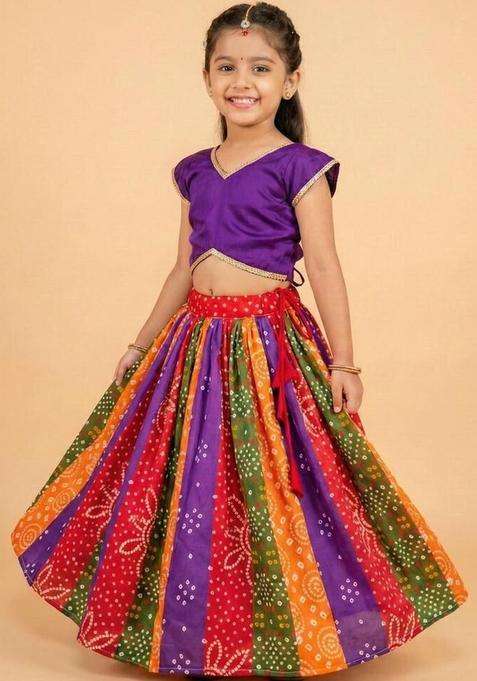Multi Solid Cotton Lehenga Set For Girls