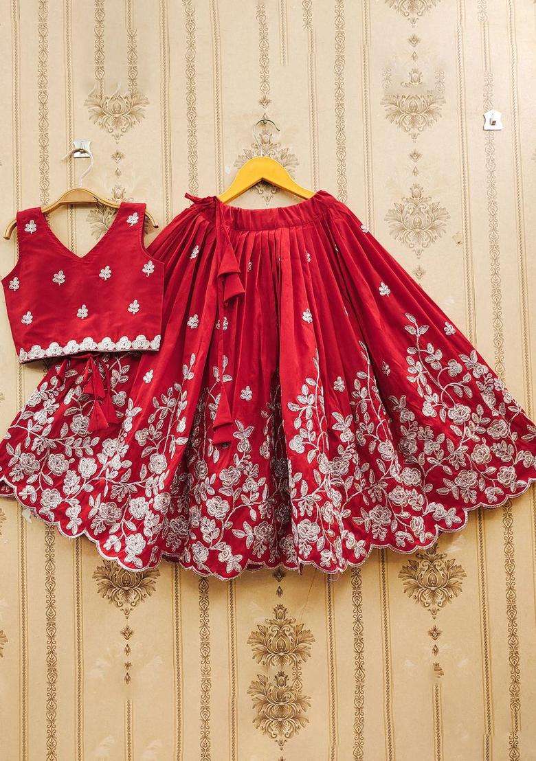 Red Embroidered Silk Lehenga Set For Girls - Indya