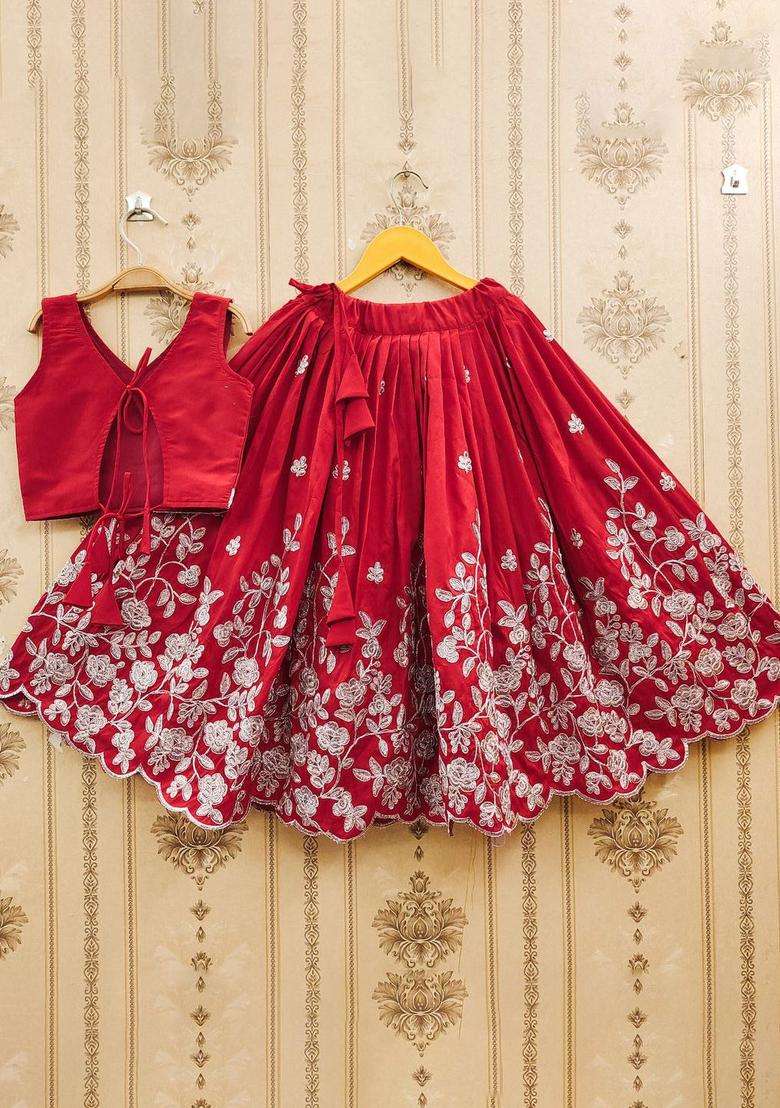 Red Embroidered Silk Lehenga Set For Girls - Indya