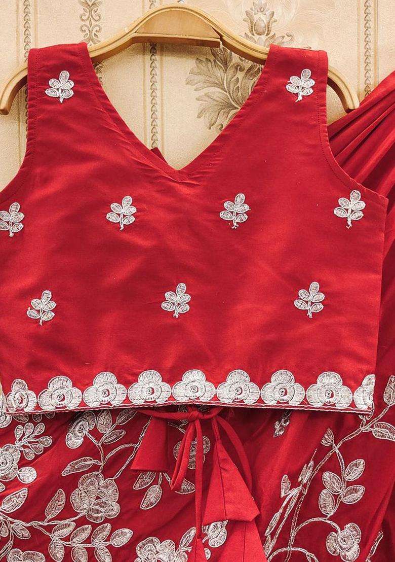 Red Embroidered Silk Lehenga Set For Girls - Indya