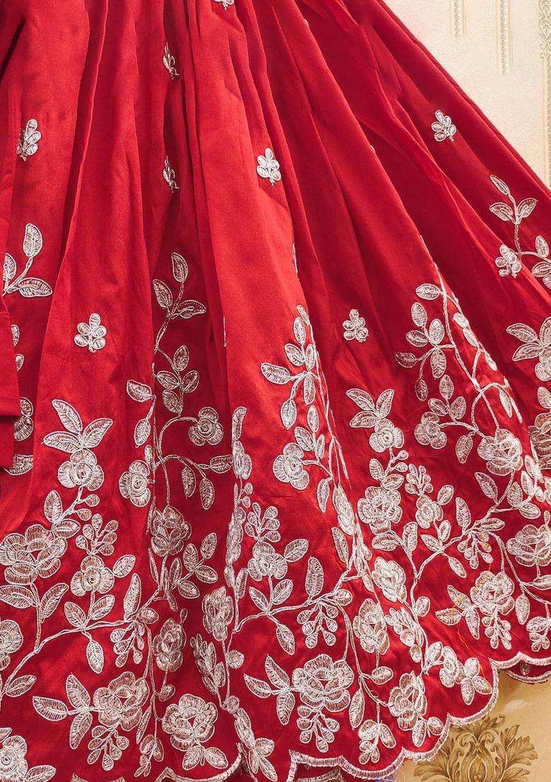 Red Embroidered Silk Lehenga Set For Girls - Indya