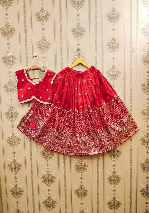 Red Embellished Silk Lehenga Set For Girls — view on Indya