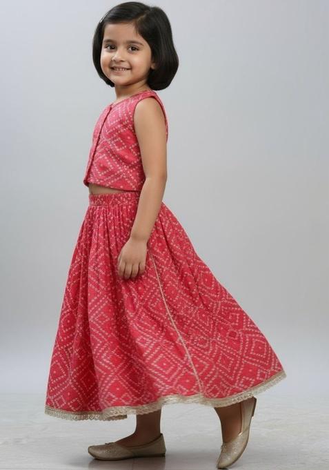 Red Printed Cotton Lehenga Set For Girls — view on Indya