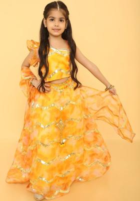 Yellow Embellished Organza Lehenga Set For Girls