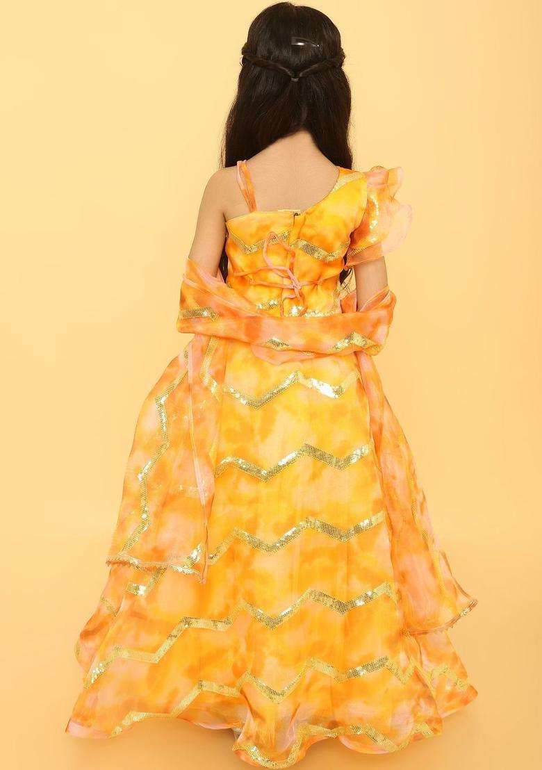 Yellow Embellished Organza Lehenga Set For Girls - Indya