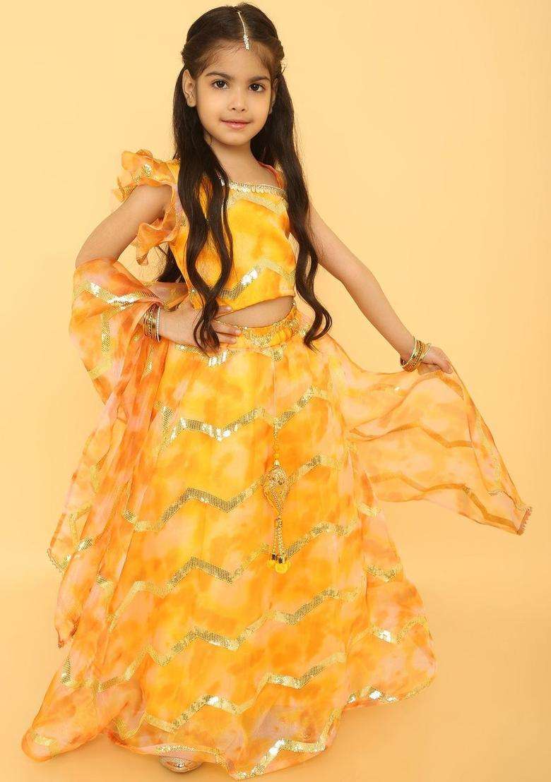 Yellow Embellished Organza Lehenga Set For Girls - Indya