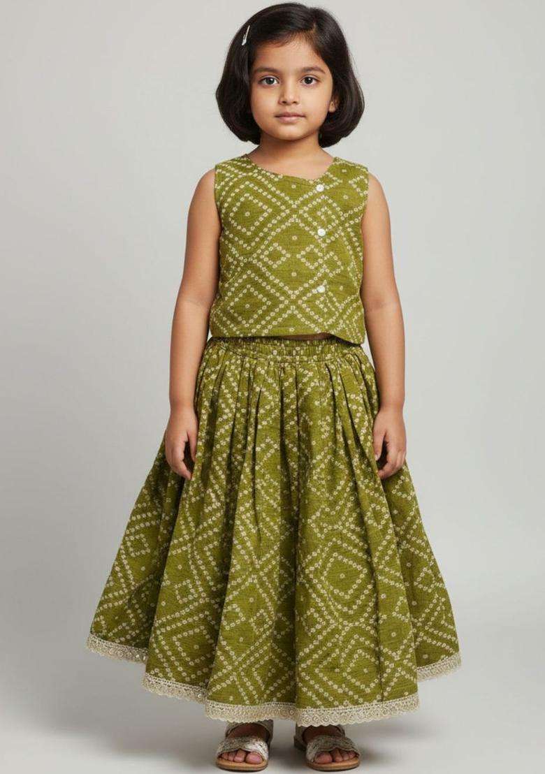 Olive Printed Cotton Lehenga Set For Girls - Indya