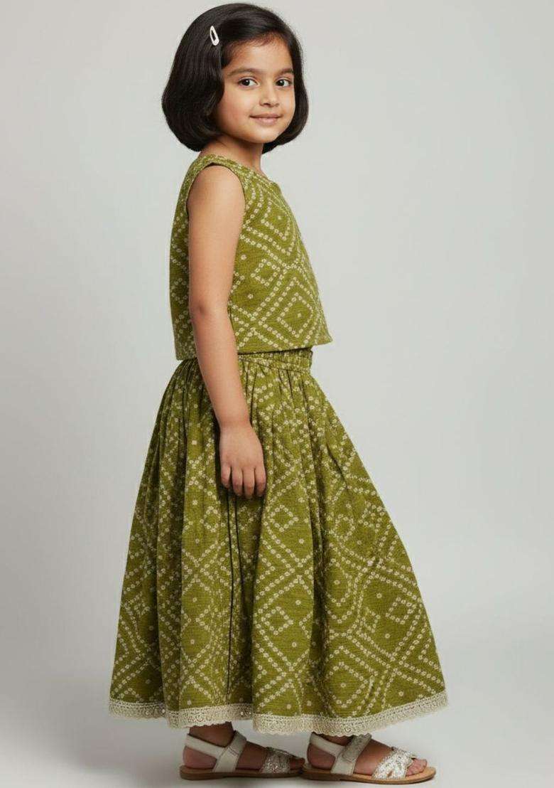 Olive Printed Cotton Lehenga Set For Girls - Indya