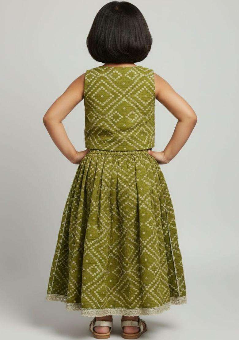 Olive Printed Cotton Lehenga Set For Girls - Indya