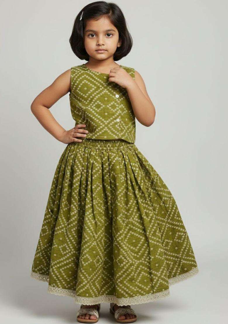 Olive Printed Cotton Lehenga Set For Girls - Indya