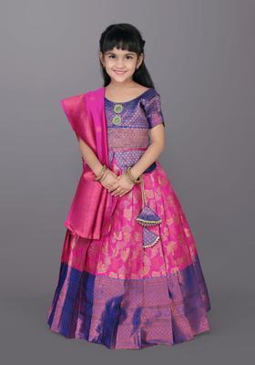 Purple Woven Design Silk Lehenga Set For Girls