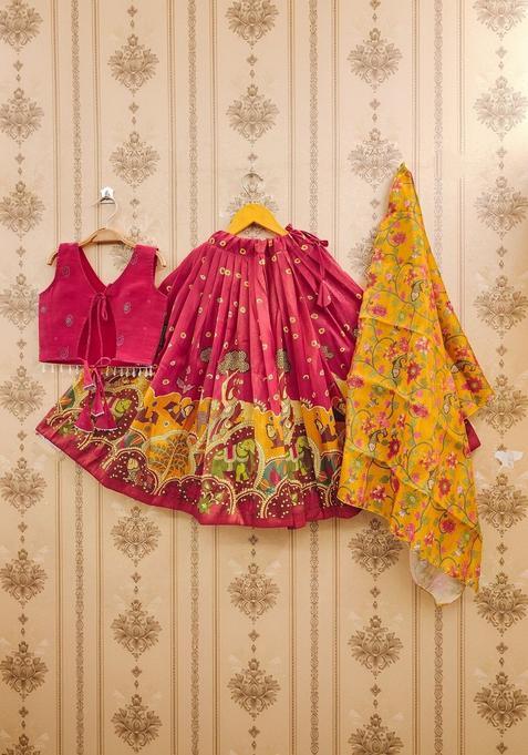 Pink Printed Silk Lehenga Set For Girls — view on Indya