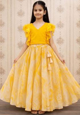 Yellow Solid Georgette Lehenga Set For Girls