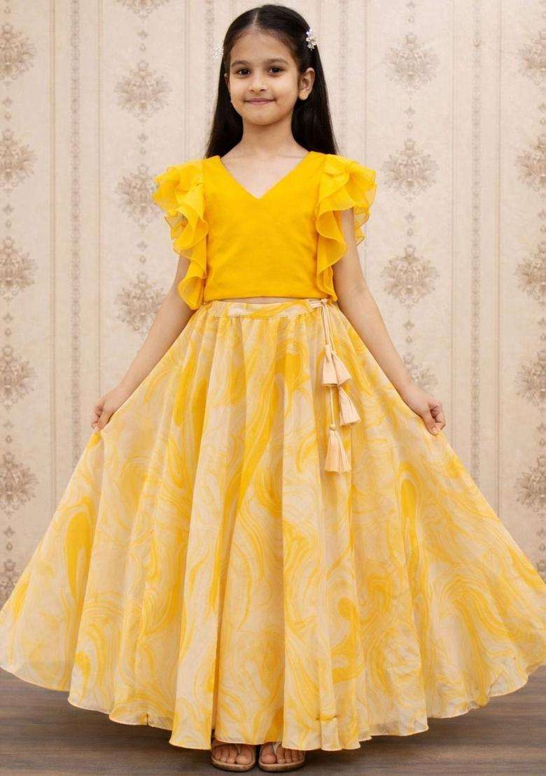 Yellow Solid Georgette Lehenga Set For Girls - Indya