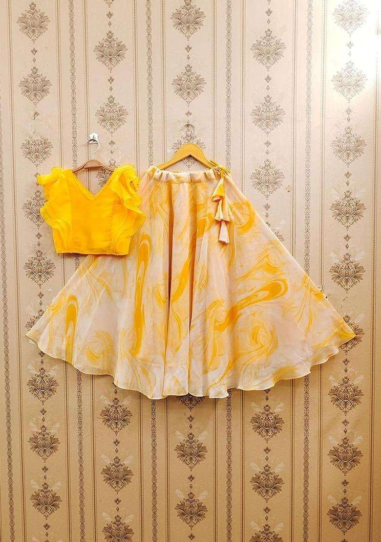 Yellow Solid Georgette Lehenga Set For Girls - Indya