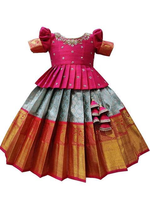 Pink Embroidered Silk Lehenga Set For Girls — view on Indya