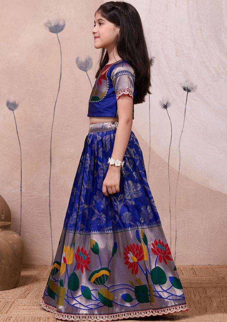 Blue Woven Design Silk Lehenga Set For Girls - Indya