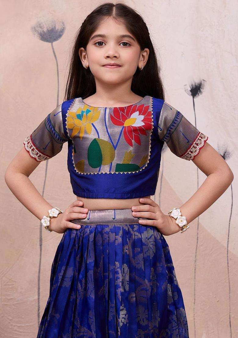 Blue Woven Design Silk Lehenga Set For Girls - Indya