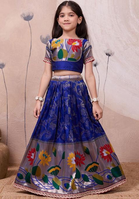 Blue Woven Design Silk Lehenga Set For Girls — view on Indya