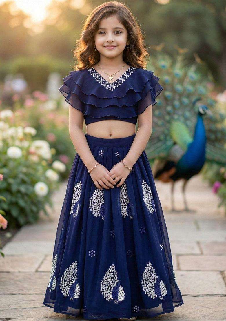Blue Embellished Georgette Lehenga Set For Girls - Indya