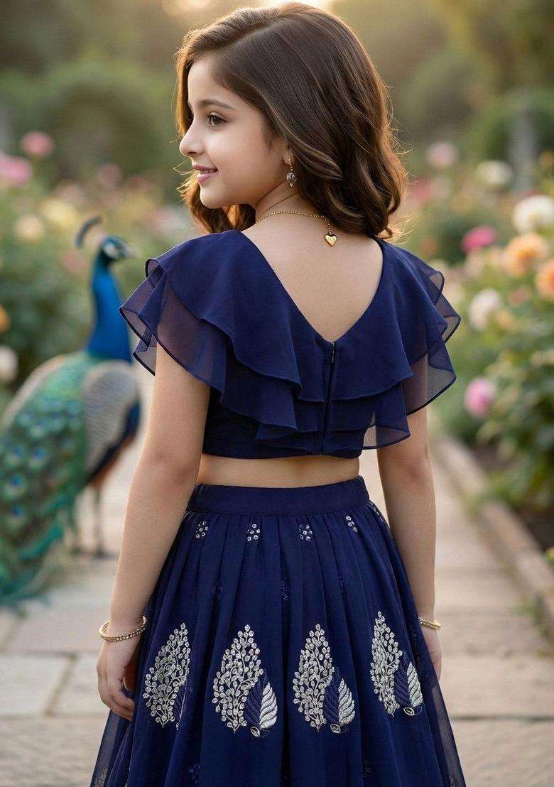 Blue Embellished Georgette Lehenga Set For Girls - Indya