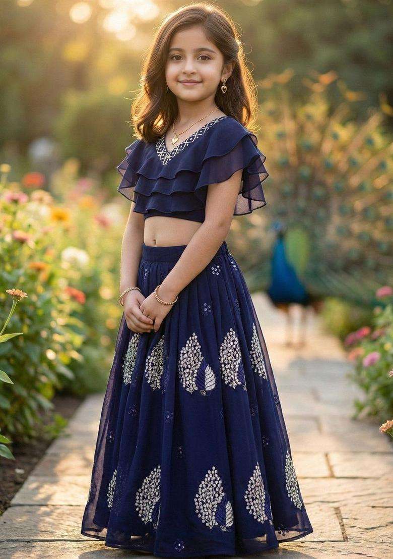 Blue Embellished Georgette Lehenga Set For Girls - Indya