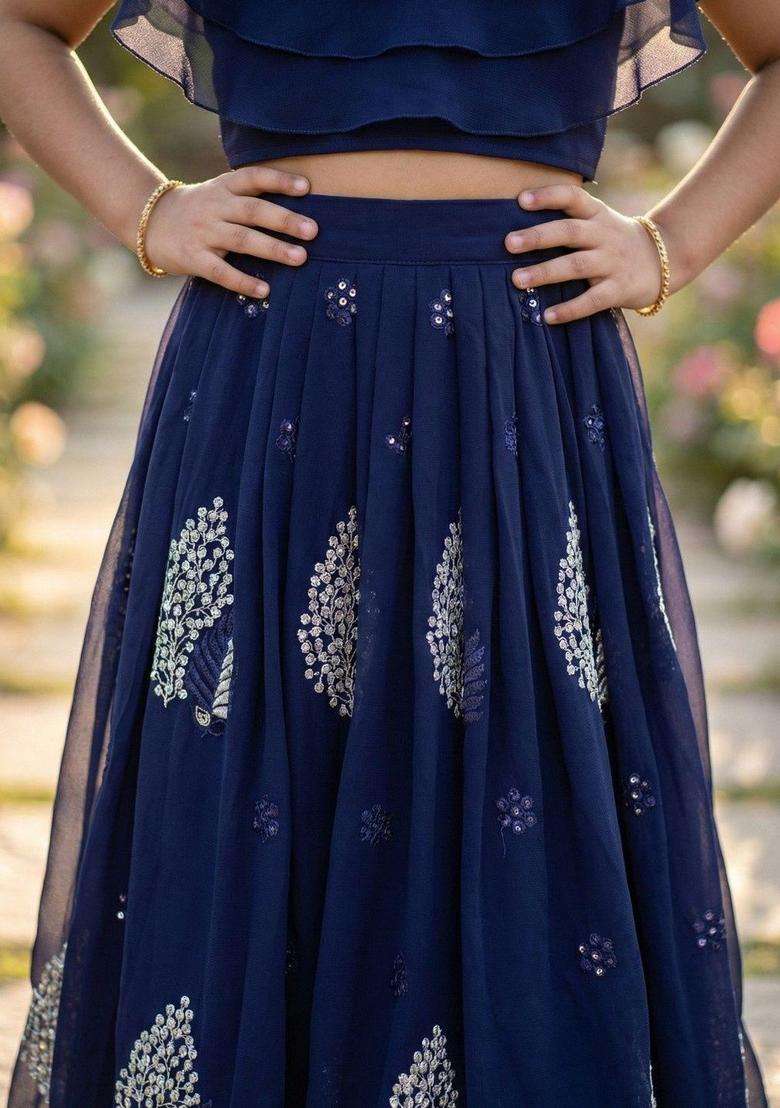 Blue Embellished Georgette Lehenga Set For Girls - Indya