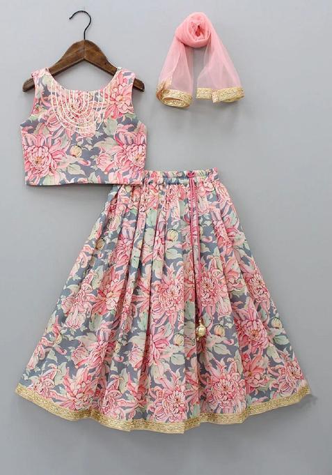 Pink Printed Polyester Lehenga Set For Girls — view on Indya