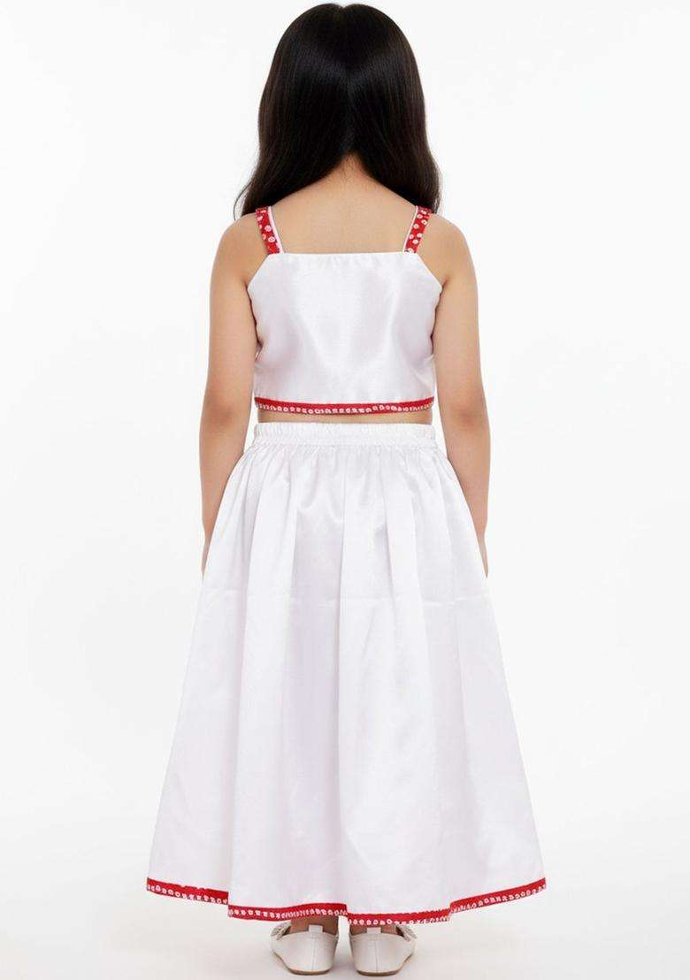 White Solid Satin Lehenga Set For Girls - Indya