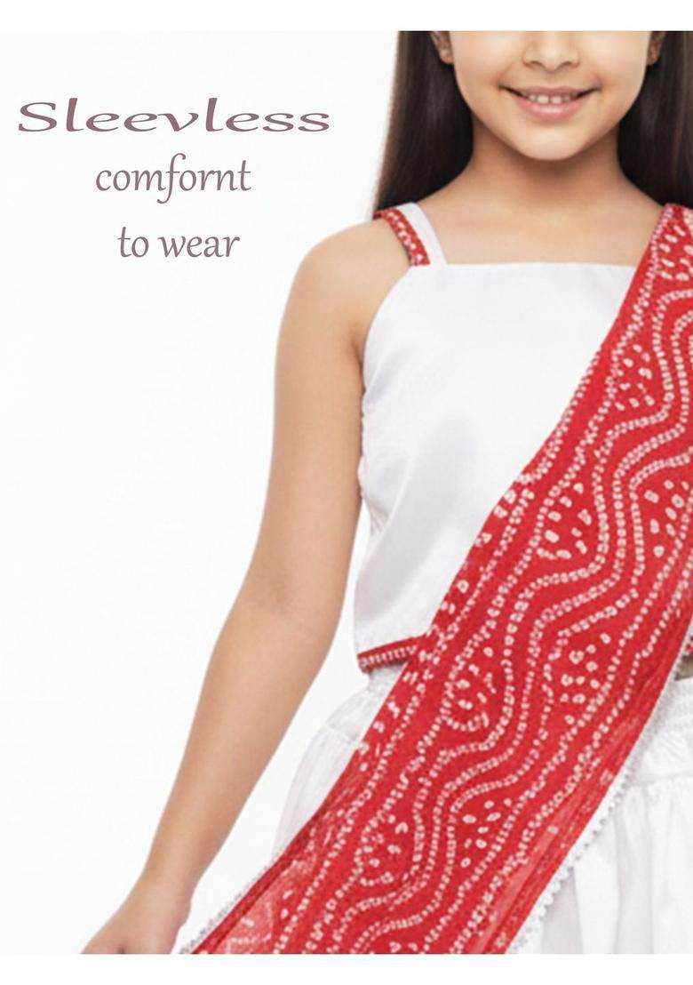 White Solid Satin Lehenga Set For Girls - Indya
