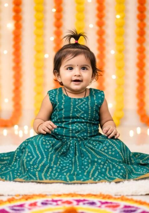Green Cotton Lehenga Set For Girls — view on Indya