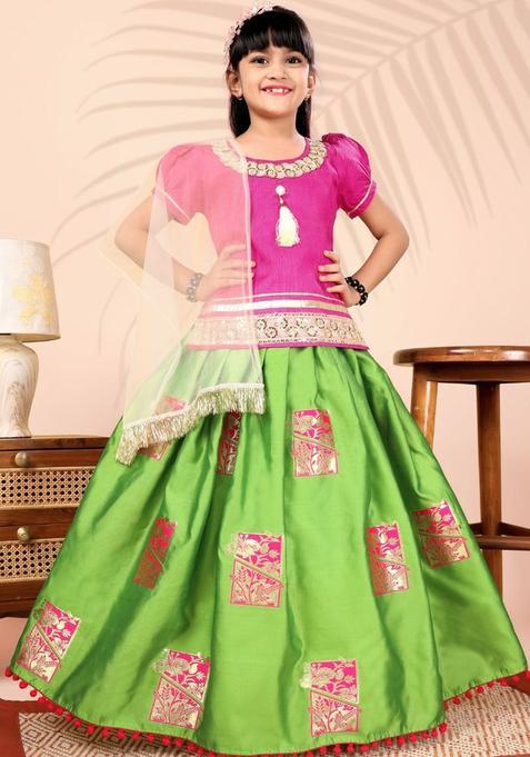 Green Embellished Silk Lehenga Set For Girls — view on Indya