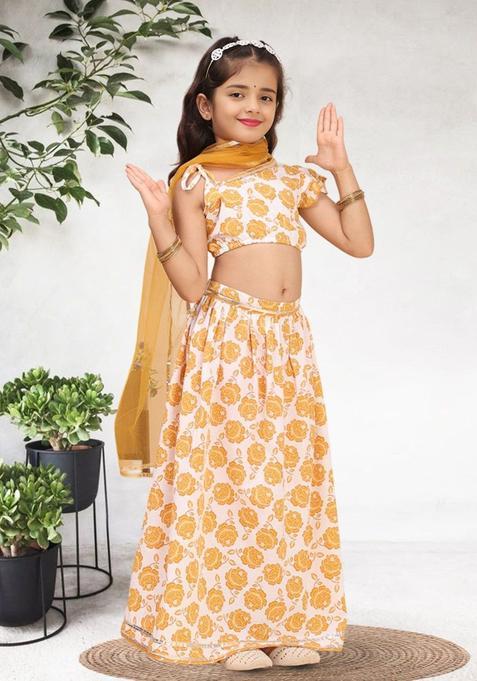 Yellow Printed Cotton Lehenga Set For Girls — view on Indya